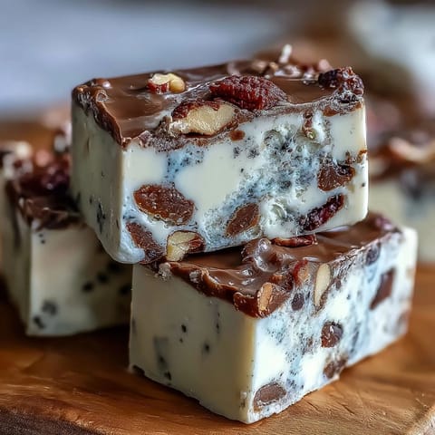 Glossy Hojicha Nougat pieces studded with chopped almonds and pistachios on a marble surface.