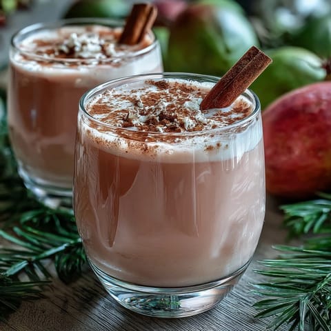 Creamy Guava Coquito poured into a chilled glass, garnished with a cinnamon stick and festive holiday décor.