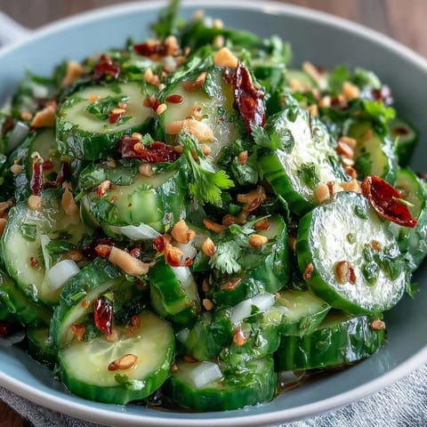 Smashed Cucumber Salad with Garlic Chili Oil, a crisp, refreshing dish with a spicy garlic kick. Vibrant and tangy, perfect for warm days.