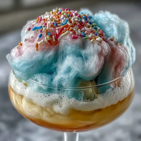 Whimsical Cotton Candy Lemonade Float with melting ice cream and colorful cotton candy swirls in a tall glass.