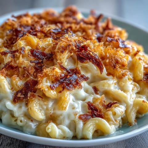Creamy mac and cheese bake with golden panko topping and bubbling cheddar sauce, served hot from the oven.