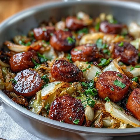 Rustic cabbage and sausage skillet, a comforting one-pan meal with caramelized onions and savory sausage.