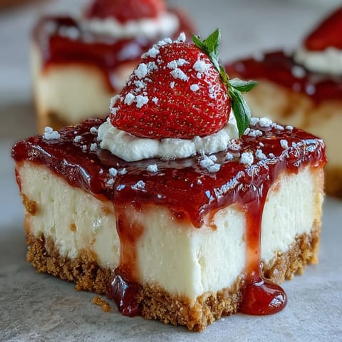 No-bake strawberry cheesecake bars with fresh strawberry topping on creamy filling and graham cracker crust.