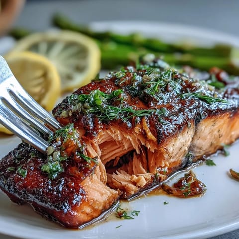 Succulent salmon fillet glazed with zesty lemon and fresh dill, paired with tender asparagus for a bright, flavorful meal.  