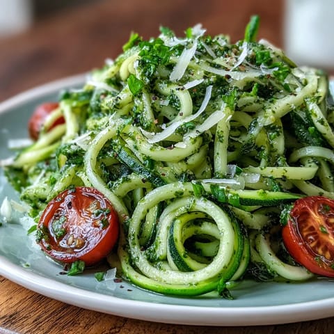 Vibrant zucchini noodles tossed in fresh basil pesto, topped with cherry tomatoes for a colorful, healthy raw dish.