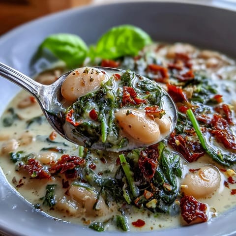 Creamy Tuscan White Bean Soup with spinach and sun-dried tomatoes in a rustic bowl, garnished with Parmesan and basil.