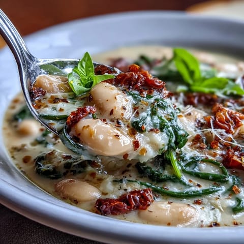 A steaming bowl of hearty Creamy Tuscan White Bean Soup, featuring tender beans, vibrant spinach, and rich sun-dried tomato flavor.
