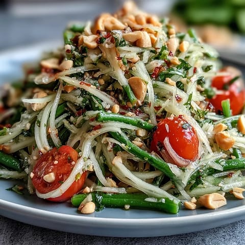 Vibrant Thai Papaya Salad with Peanuts and Lime, bursting with fresh flavor.