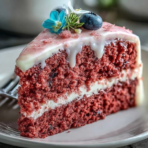Beautiful pink rosé velvet cake topped with luscious cream cheese frosting.