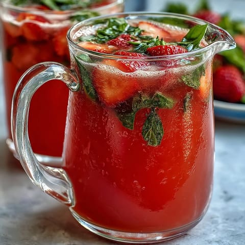 Vibrant Strawberry Basil Lemonade Pitcher, perfect for party beverages.