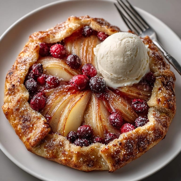 Spiced Pear and Cranberry Galette sliced on a rustic table, ready for a cozy holiday dessert.