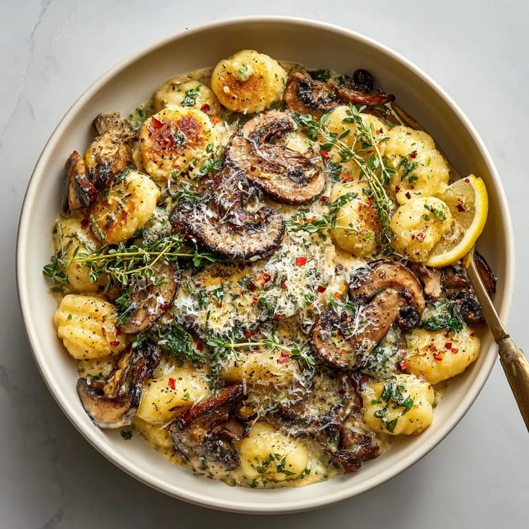Cheesy creamy mushroom and herb skillet gnocchi garnished with parsley, thyme, and a twist of lemon.