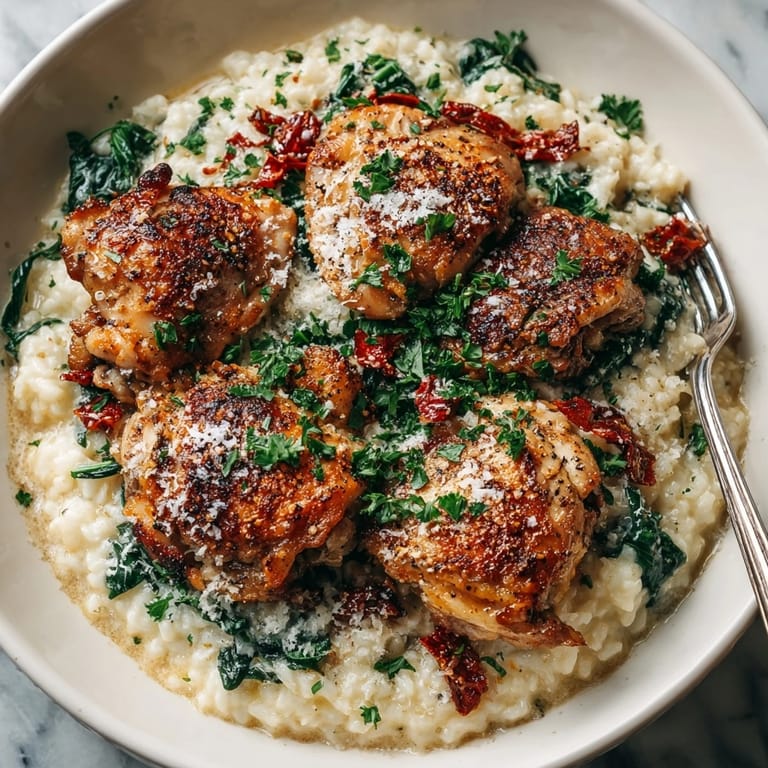 Close-up of Creamy Tuscan Chicken and Rice Skillet, featuring sun-dried tomatoes and wilted spinach.