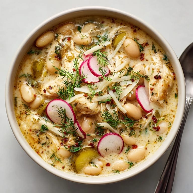 A hearty bowl of One-Pot Pickle-Fix White Chicken Chili, ready to enjoy with tortilla chips for dipping.