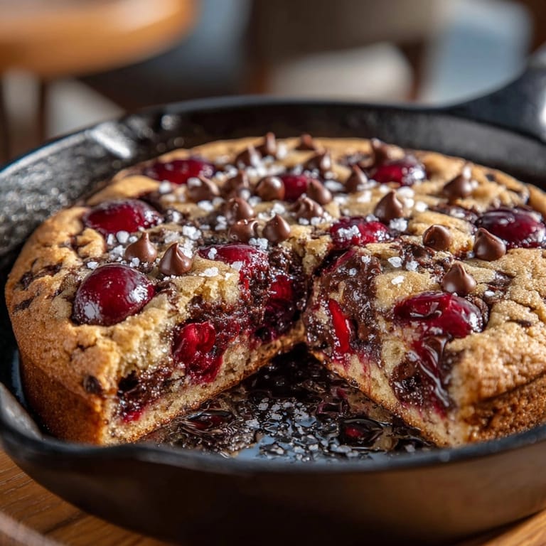 A close-up of a Cherry-Coded Chocolate Chip Cookie Skillet, showcasing melty chocolate and sweet cherries.