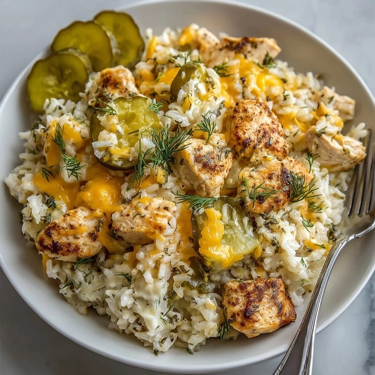 Savory Cozy Pickle Ranch Chicken and Rice Skillet, a one-pan dish with creamy, cheesy goodness.