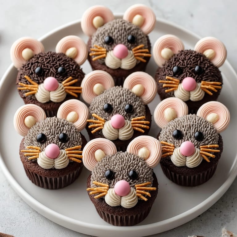 Delicious homemade Chaos Cake cupcakes, transformed into adorable buttercream-frosted rats for a unique dessert.
