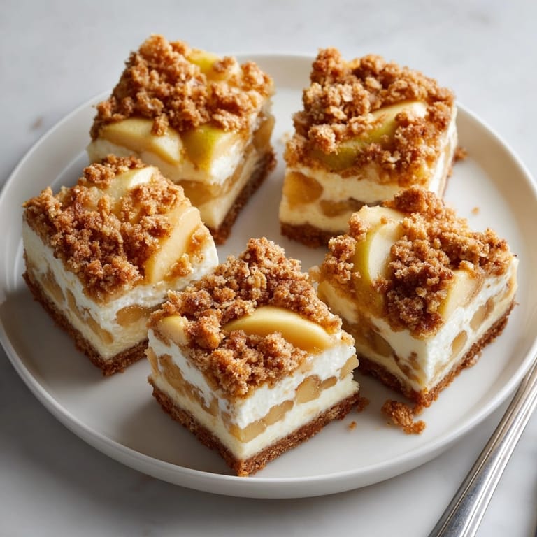 A close-up of sliced Sweet Comfort Apple Crisp Cheesecake Squares shows a delicious mix of textures and flavors.