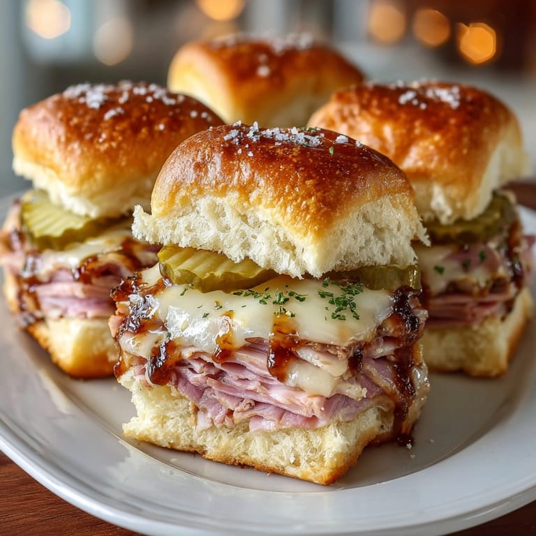 Close-up: Melted cheese dripping over savory Rebel Float Root Beer Glazed Ham Sliders served on buns.