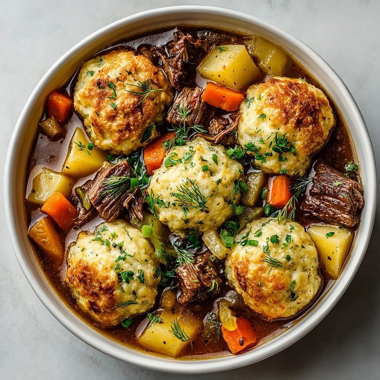A close-up of tender beef stew with soft dumplings, garnished, and presented for a Cozy Crockpot meal.