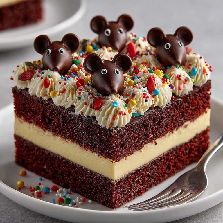 This Chaos Cake Red Velvet offers a playful presentation, featuring chocolate rats and sprinkles on a two-layer cake.