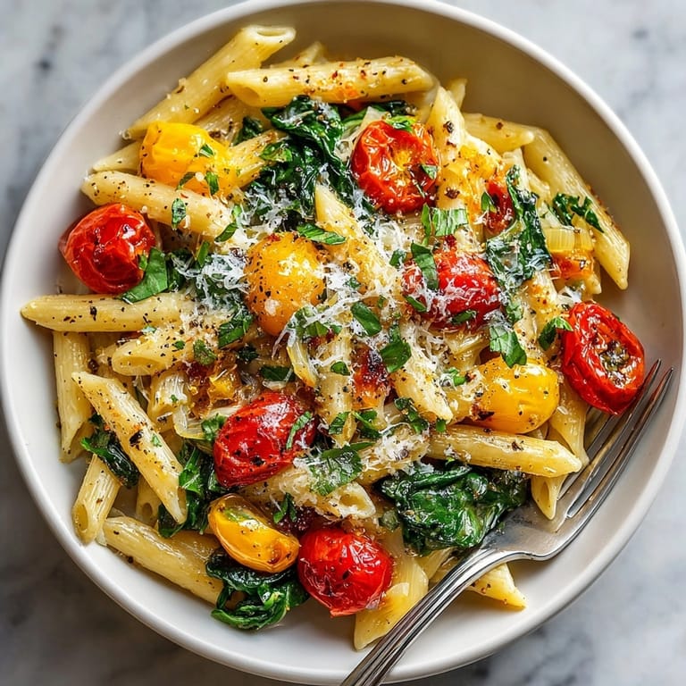 A close-up photo shows this creamy one-pot pasta, vibrant with bursting cherry tomatoes and Parmesan.