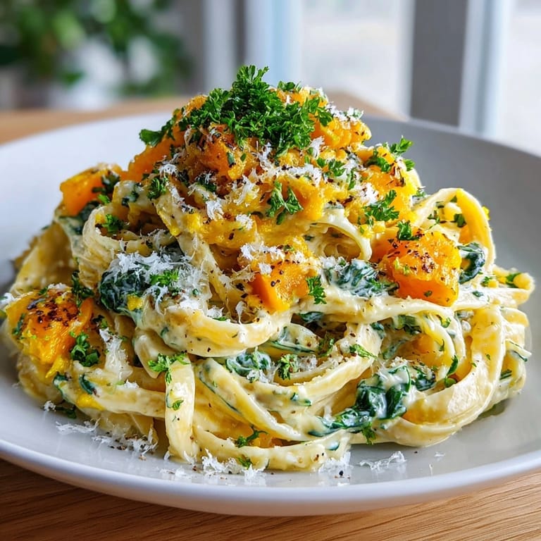 A flavorful plate of Fall Harvest Pumpkin Alfredo Pasta, with a rich, pumpkin-infused Alfredo sauce.