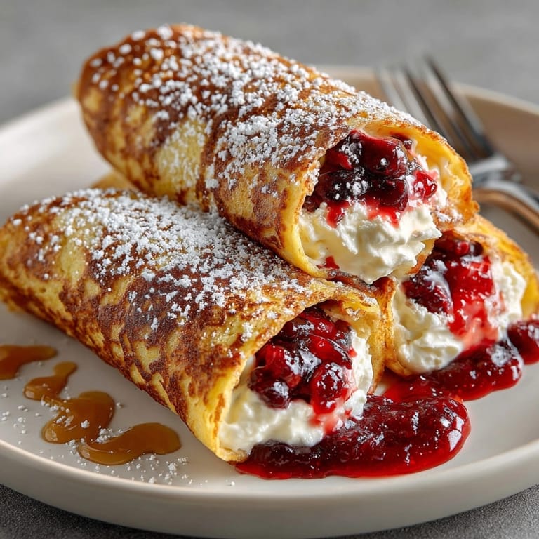 A close-up shows the delicious Cherry Cheesecake Stuffed French Toast Wraps before serving, a sweet brunch.