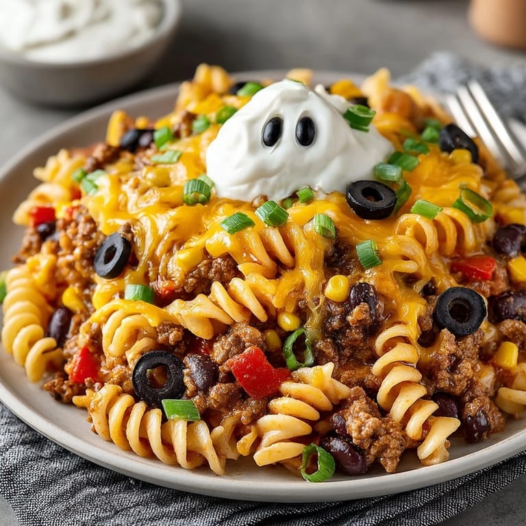 This family-friendly Haunted House Taco Pasta Skillet overflows with melted cheese and savory ground beef.