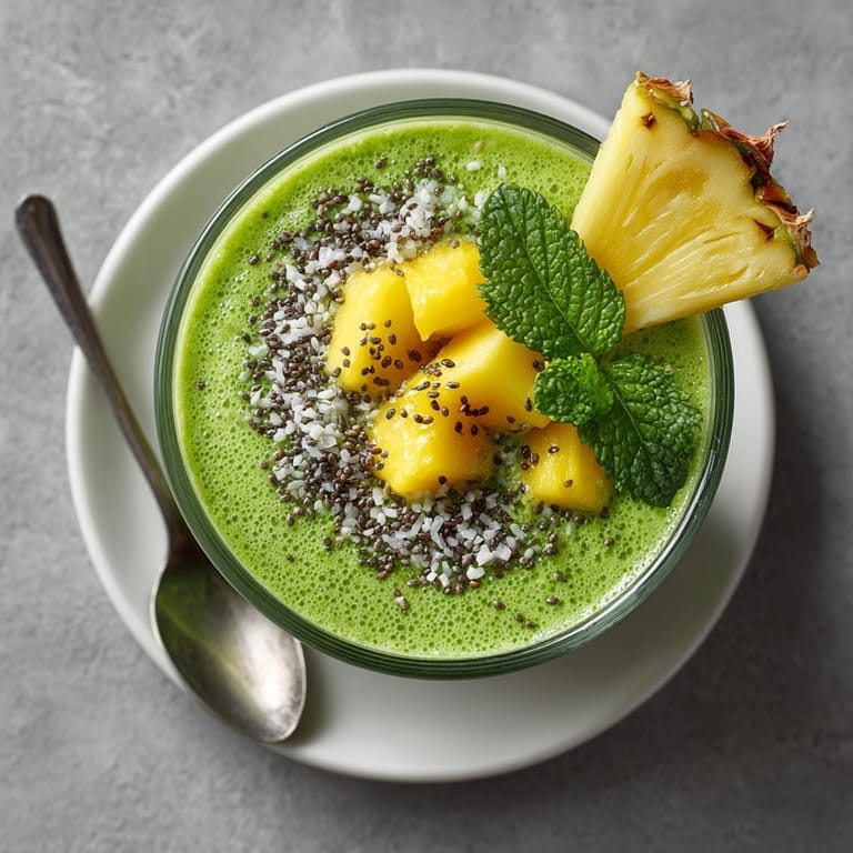 View a close-up of a bright, colorful Tropical Green Smoothie ready in minutes for a quick energy boost.