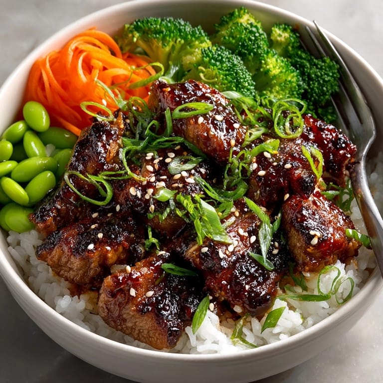 Steaming hot Chicken Teriyaki Rice Bowl, a satisfying meal with crisp vegetables and sesame seeds.