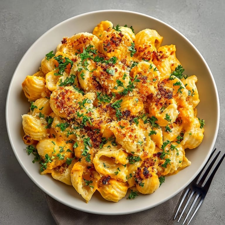 A close-up of delicious Butternut Squash Mac and Cheese, garnished with fresh parsley and breadcrumbs.