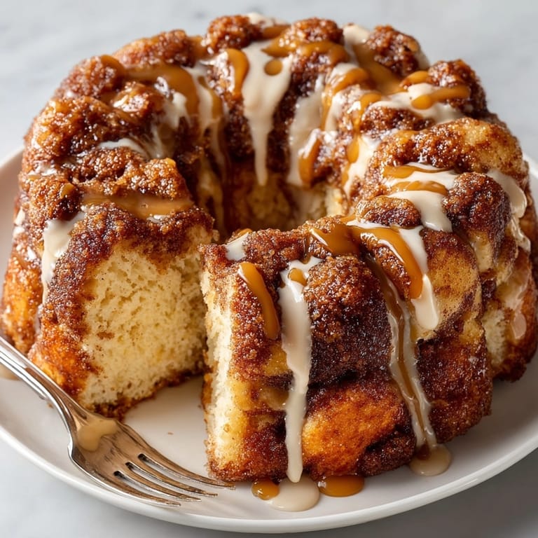 A close-up of gooey, baked fresh Cinnamon Roll Monkey Bread, topped with a creamy glaze and ready to eat.