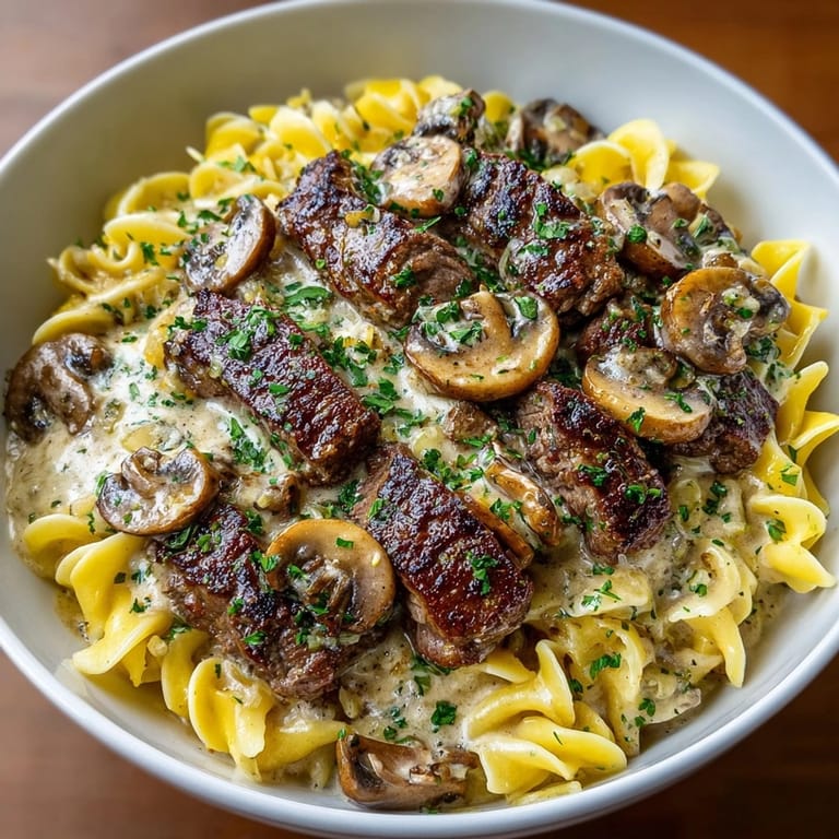 Sizzling Beef and Mushroom Stroganoff featuring savory beef and mushrooms blanketed in rich, flavorful sauce.