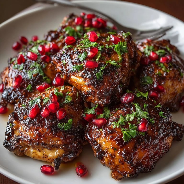 Golden brown Pomegranate Glazed Chicken Thighs with glossy sauce and fresh parsley, ready for dinner.