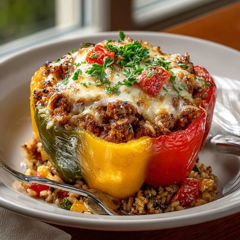 Close-up of stuffed cheese bell peppers with ground turkey, golden cheese bubbling on top.