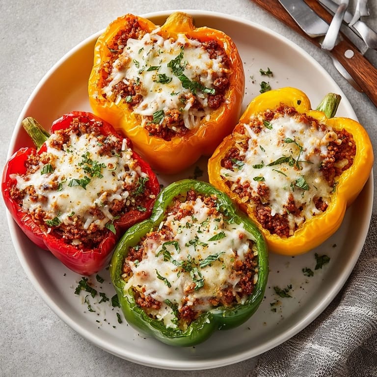 Freshly baked stuffed cheese bell peppers with ground turkey, ready to serve for dinner.