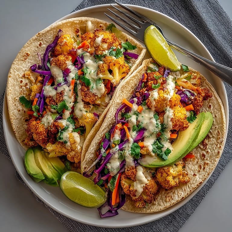 Close-up of Garlic Roasted Cauliflower Tacos in warm tortillas, garnished with fresh cilantro and avocado.