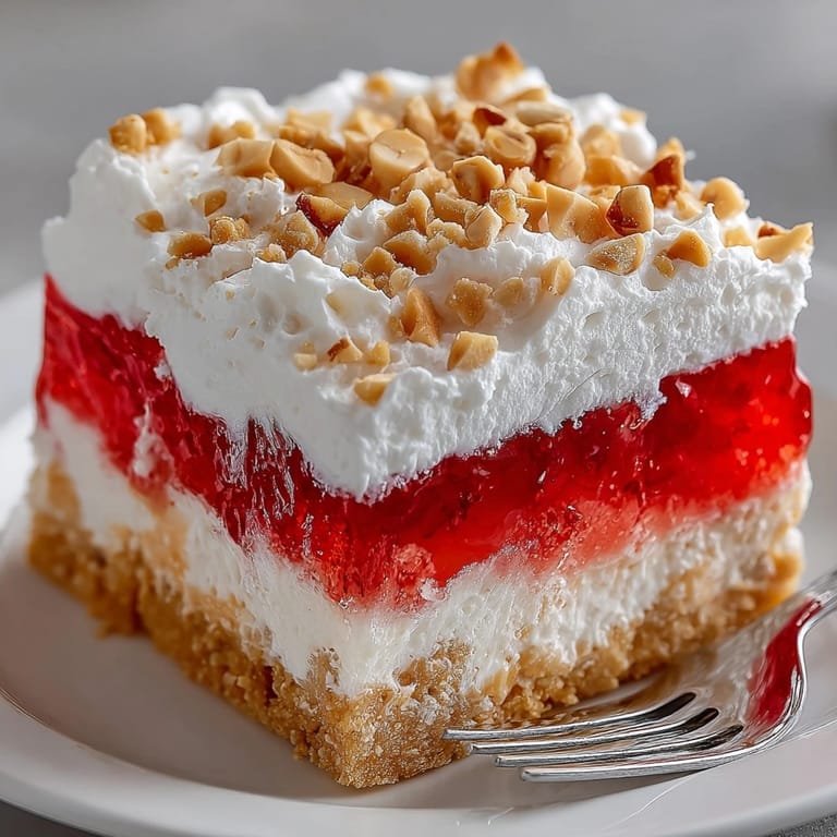 Retro Peanut Butter Jello Salad featuring swirls of strawberry gelatin and luscious peanut butter layers.