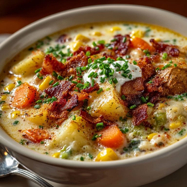 A steaming bowl of Slow Cooker Corn Chowder, inviting with its rich, smoky aroma.