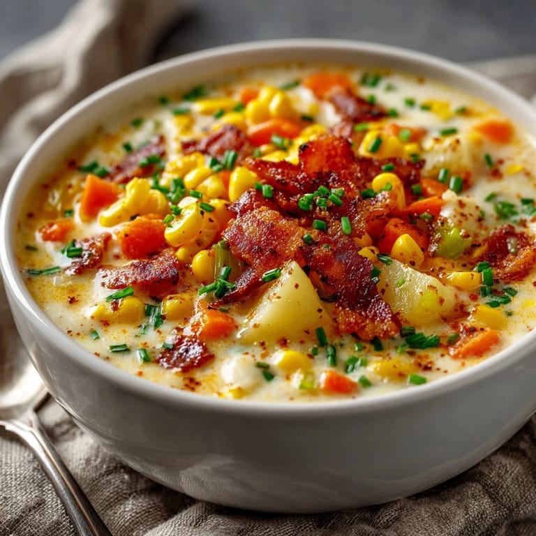 Homemade Slow Cooker Corn Chowder with crispy bacon, perfect for chilly evenings, comforting and simple.