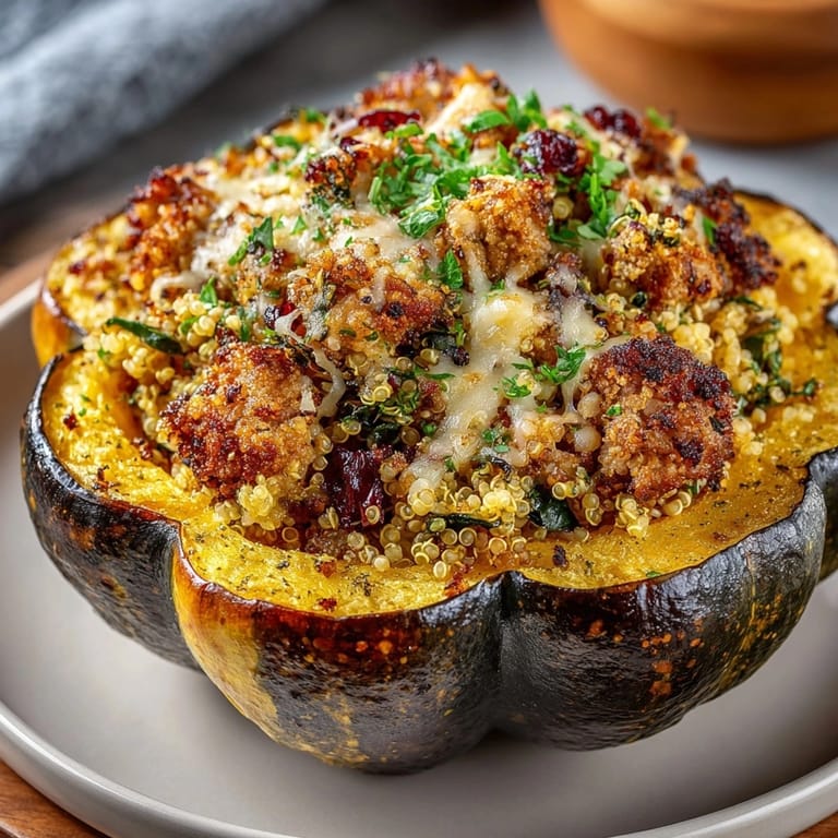 Roasted Chicken Apple Sausage Stuffed Acorn Squash with warm savory aroma, a comforting autumn meal.