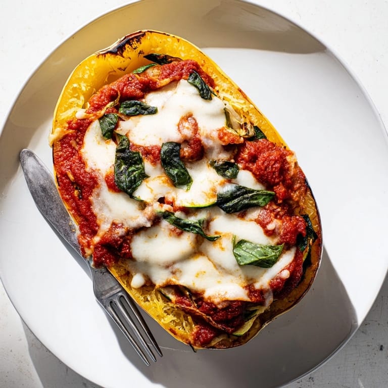 Golden brown Roasted Garlic Spaghetti Squash Lasagna Boats with melted mozzarella, fresh basil garnish.