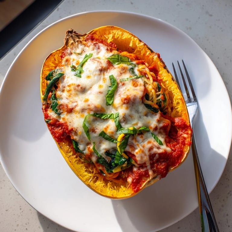 Creamy ricotta and vegetable filling overflows warmly Roasted Garlic Spaghetti Squash Lasagna Boats.