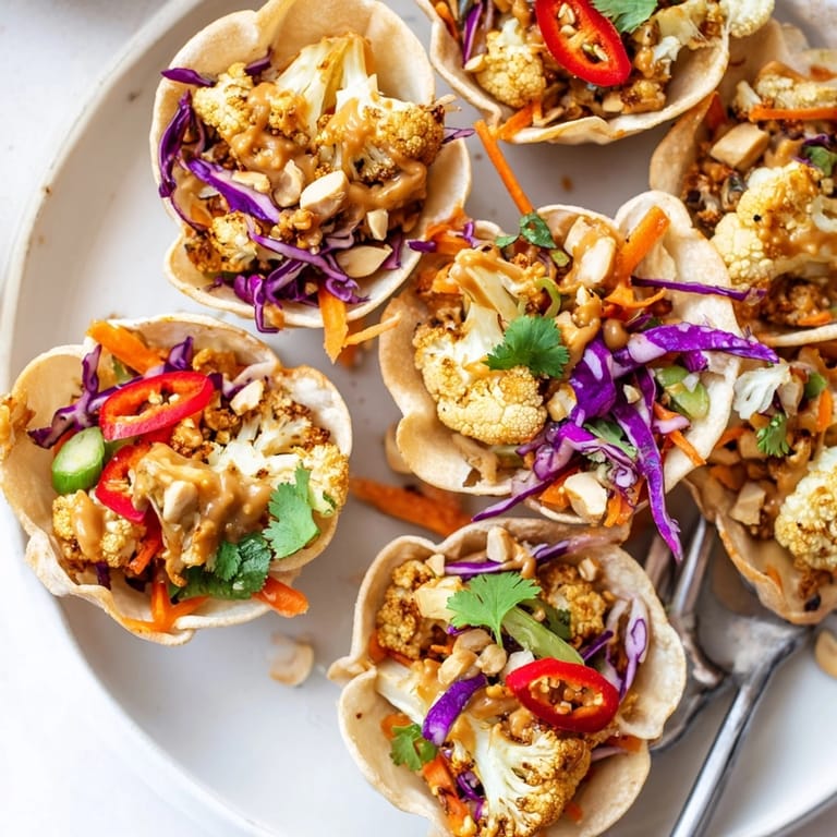 Crispy, baked Thai Peanut Cauliflower Taco Cups, drizzled with creamy sauce and fresh herbs.