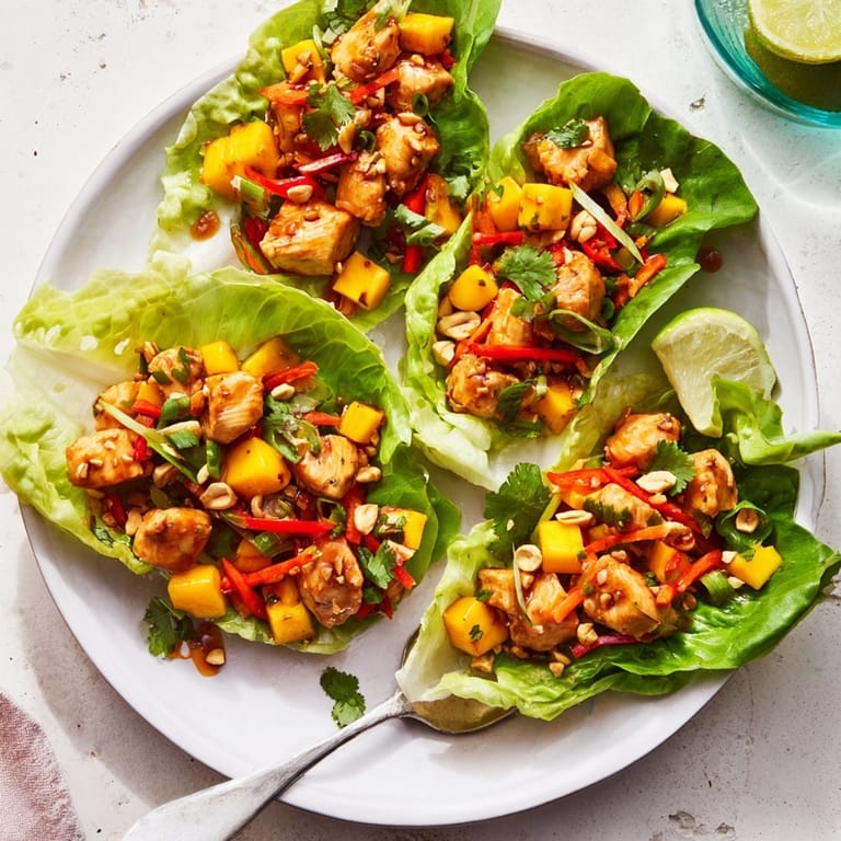 Light and flavorful Mango Chili Chicken Lettuce Cups, a refreshing gluten-free summer appetizer.