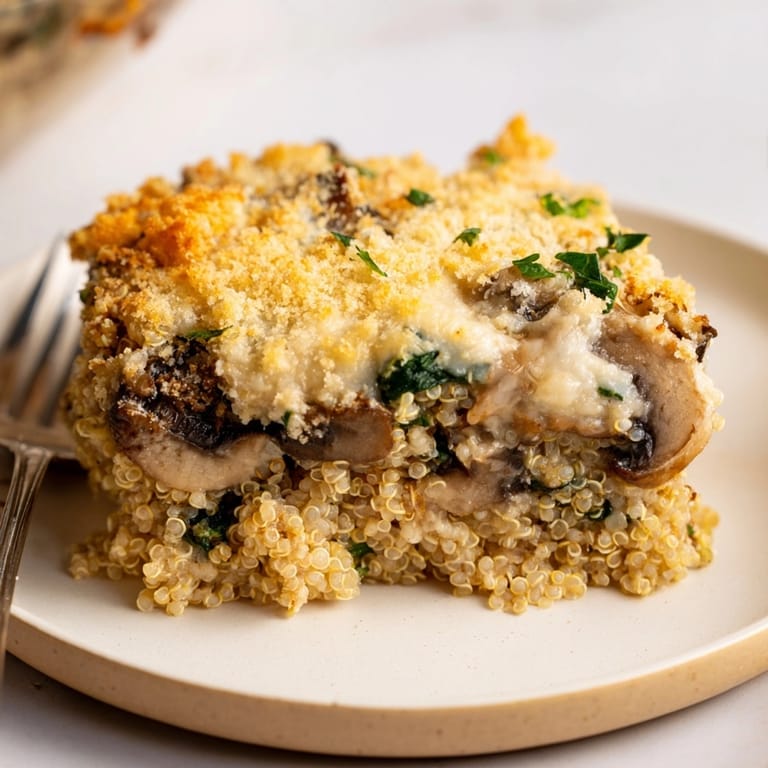 Creamy Alfredo Quinoa Mushroom Bake: Cheesy, savory, and bubbly, a comforting vegetarian casserole.