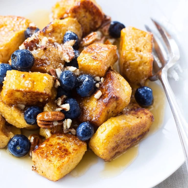 Imagine a warm slice of Protein Blueberry French Toast Bake, served with maple syrup.