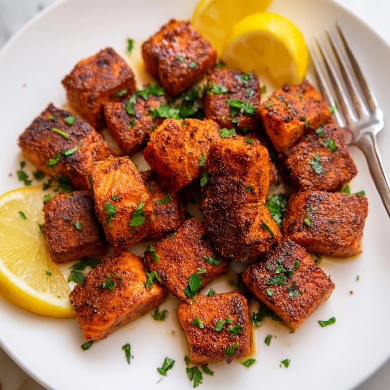 Blackened Cajun Salmon Bites, flaky inside, offering zesty flavor and vibrant color.