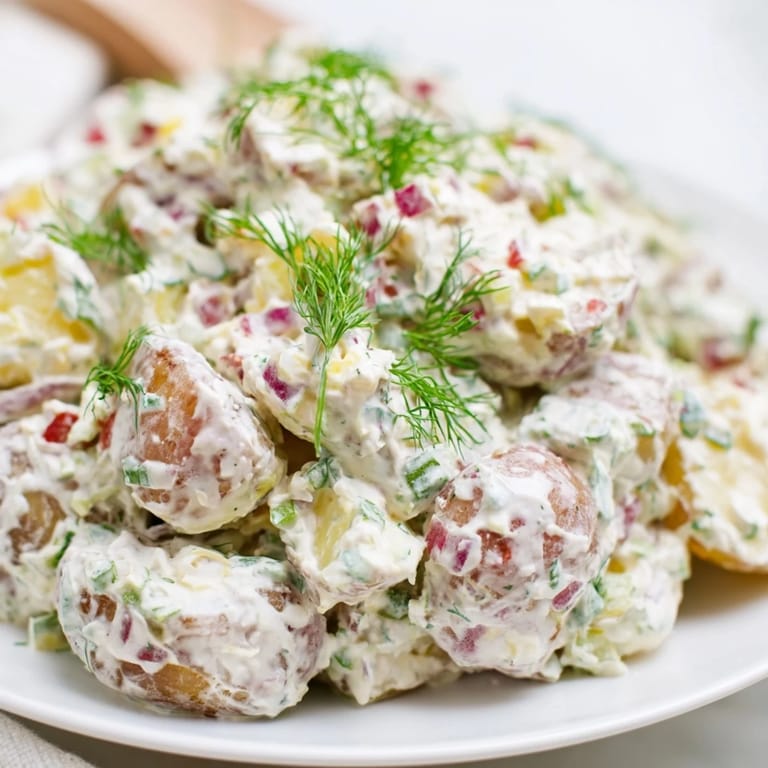 Zesty Spicy Pickle Ranch Potato Salad garnished with fresh chives for added flavor.  
